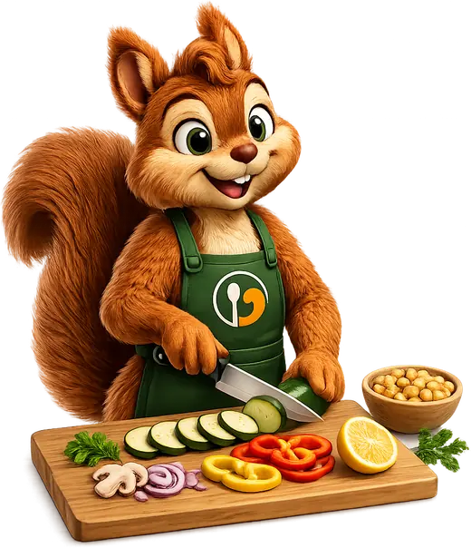 The mascot at a chopping board, cooking.