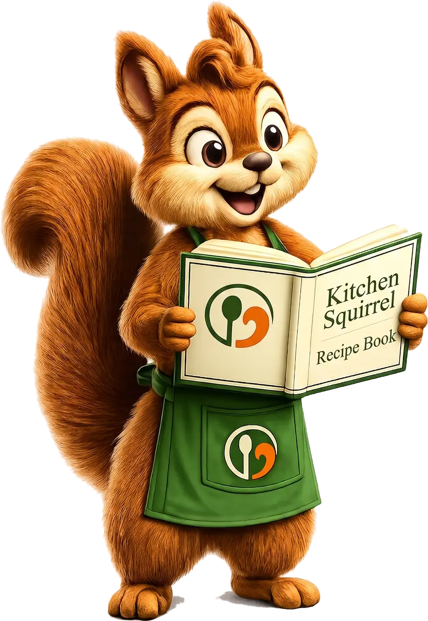 The Kitchen Squirrel mascot, in a green apron, holding open a Kitchen Squirrel recipe book.