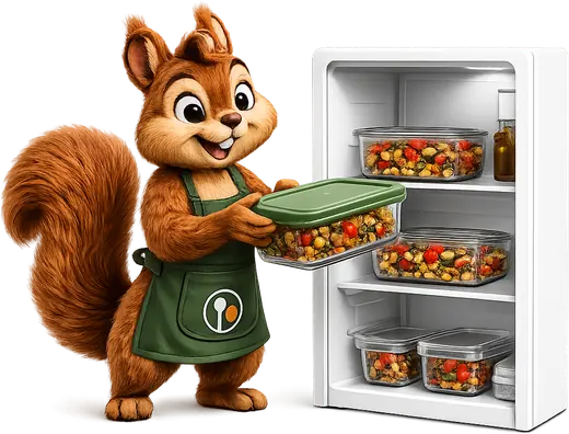 The mascot putting a tub of leftovers into the fridge.